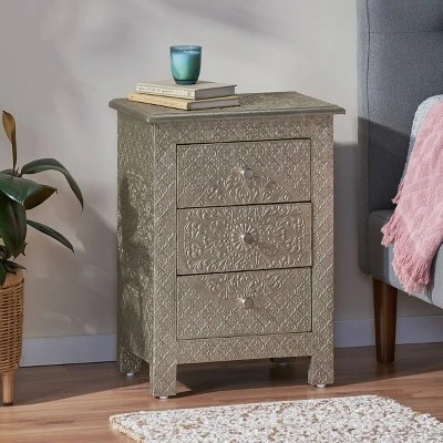 Deschutes Handcrafted Boho 3 Drawer Nightstand Silver - Christopher Knight Home Deschutes Handcrafted Boho 3 Drawer Nightstand Silver - Christopher Knight Home -Home Furn Store GUEST 3bc75f6d c6dc 4b5c a800 8b1065ea0e06