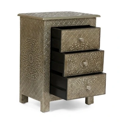 Deschutes Handcrafted Boho 3 Drawer Nightstand Silver - Christopher Knight Home Deschutes Handcrafted Boho 3 Drawer Nightstand Silver - Christopher Knight Home -Home Furn Store GUEST 69a51a3c e316 4e53 b06c 61d64cbd8bae