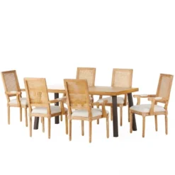 7pc Chatau Farmhouse Fabric Upholstered Wood And Cane Dining Set - Christopher Knight Home -Home Furn Store GUEST 7583eeb0 54f9 4b3b a8bc e7d6098bf326