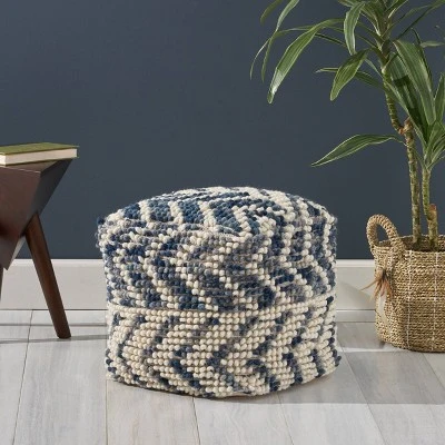Freesia Boho Wool and Cotton Large Ottoman Pouf White/Blue - Christopher Knight Home Freesia Boho Wool And Cotton Large Ottoman Pouf White/Blue - Christopher Knight Home -Home Furn Store GUEST ad5f58d1 b1aa 49c3 bb7b 9ea0b1f9f310