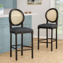 2pc Govan French Country Wooden Counter Height Barstools With Upholstered Seating Charcoal/Black - Christopher Knight Home