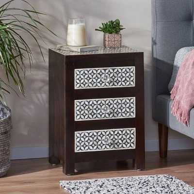Benewah Handcrafted Boho 3 Drawer Mango Wood Nightstand Dark Walnut/Black/White - Christopher Knight Home Benewah Handcrafted Boho 3 Drawer Mango Wood Nightstand Dark Walnut/Black/White - Christopher Knight Home -Home Furn Store GUEST ba2c85ed 7be4 40c0 b99e 981e680a6937