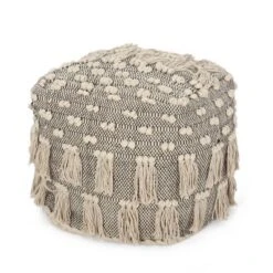 Hawley Handcrafted Boho Fabric Cube Pouf With Tassels Ivory - Christopher Knight Home -Home Furn Store GUEST e516b6d2 a31d 41f4 858a db43d87792ad